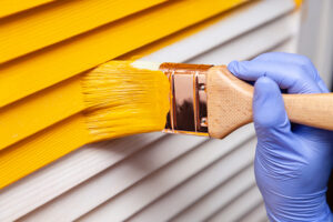 Closeup female hand in purple rubber glove with paintbrush painting natural wooden door with yellow paint. Concept creative design house interior. How to Paint Wooden Surface. Selected focus