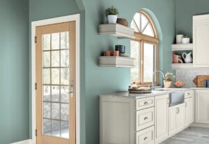 Picture of a stylish kitchen with light blue walls.